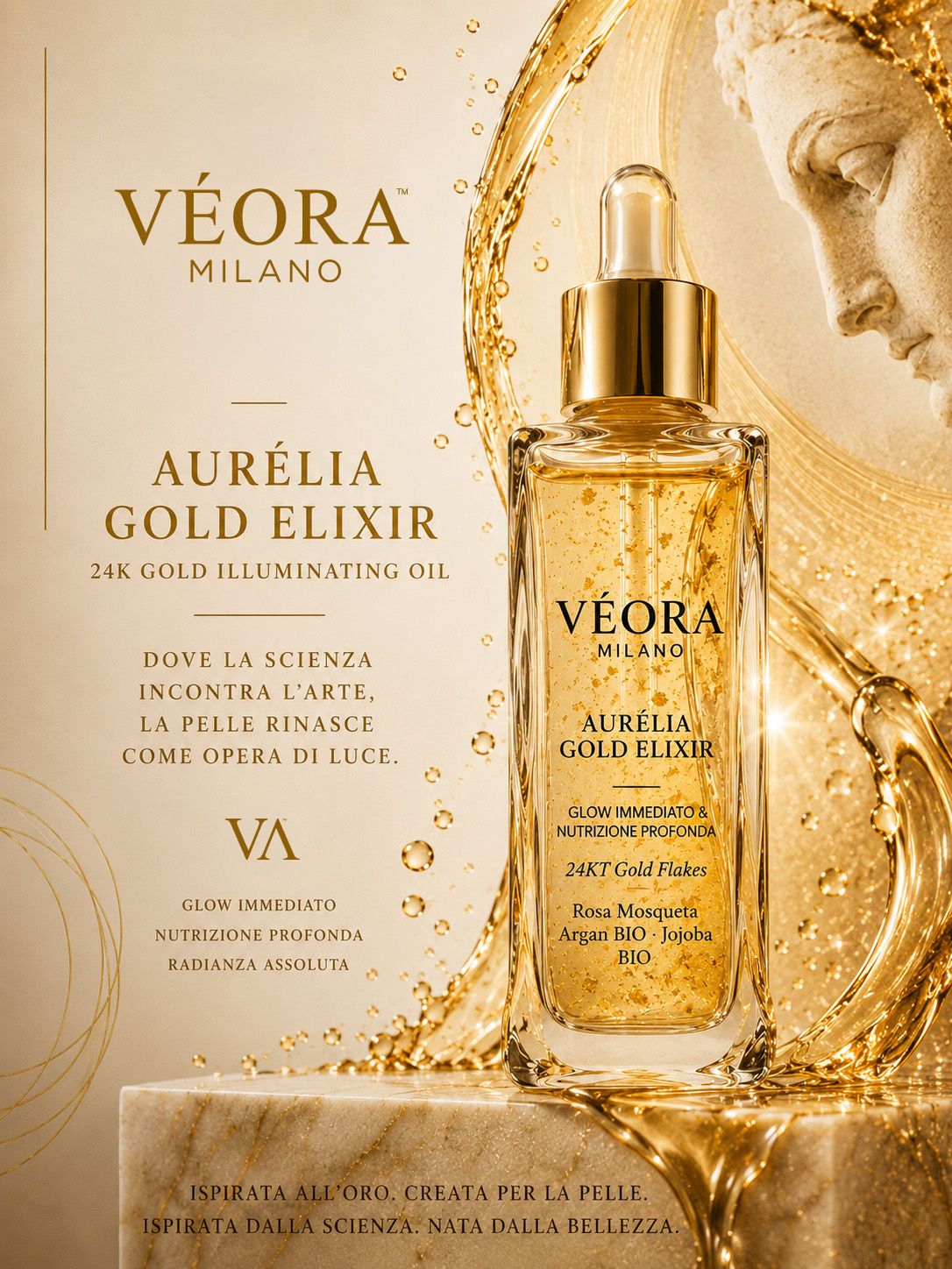 Siero viso Véora Milano Aurelia Gold Elixir con sfondo decorativo
