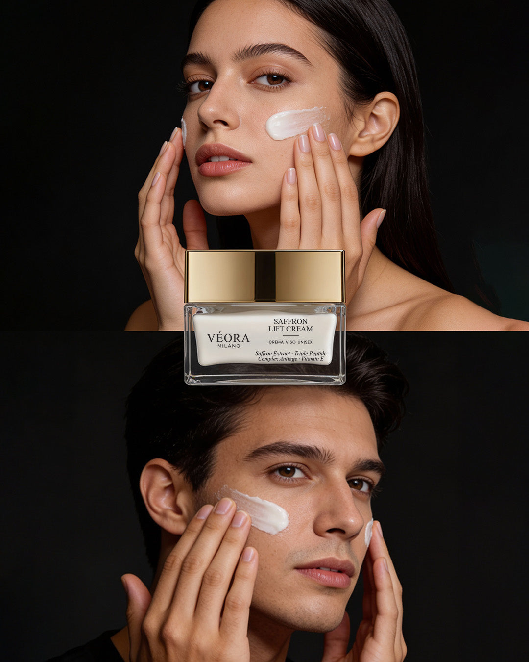 Due persone applicano una crema sul viso, con un prodotto per la cura della pelle Veora al centro. Crema Lifting allo Zafferano Unisex di Veora Milano