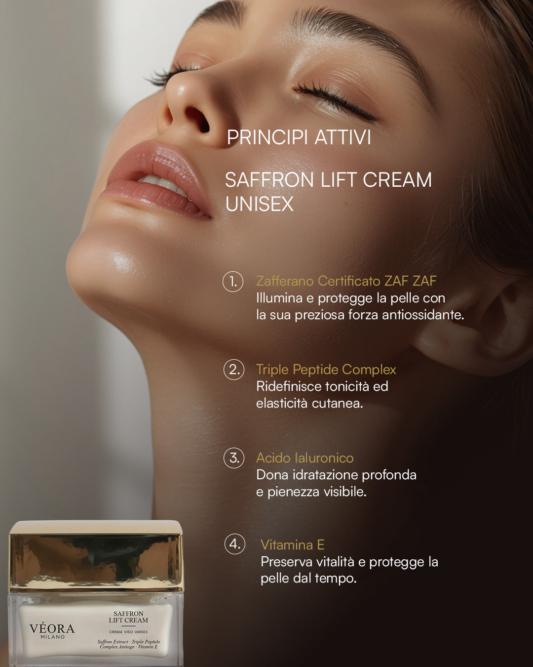 Pubblicità della crema lifting unisex Véora allo zafferano con un primo piano del viso di una donna.