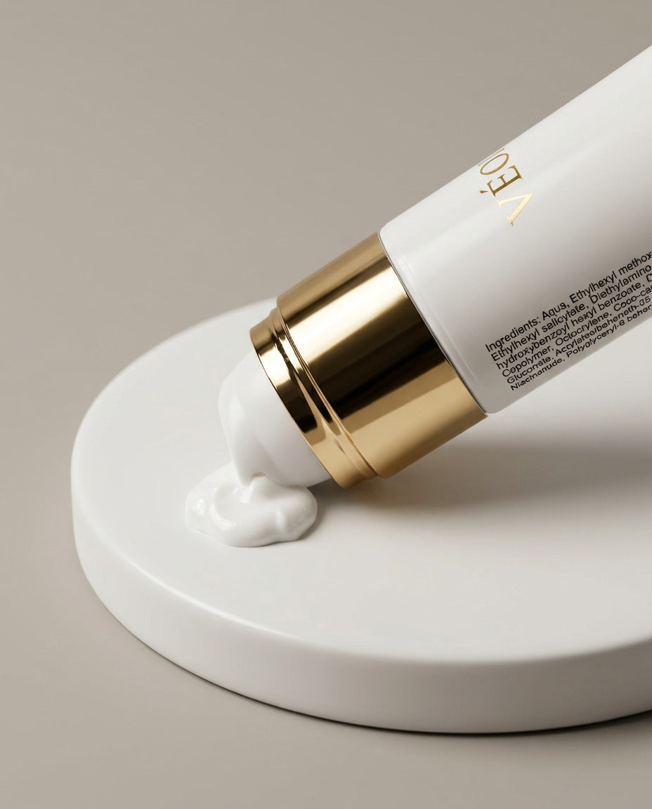 Lumina Defence SPF 50 con tappo dorato e corpo bianco su sfondo beige