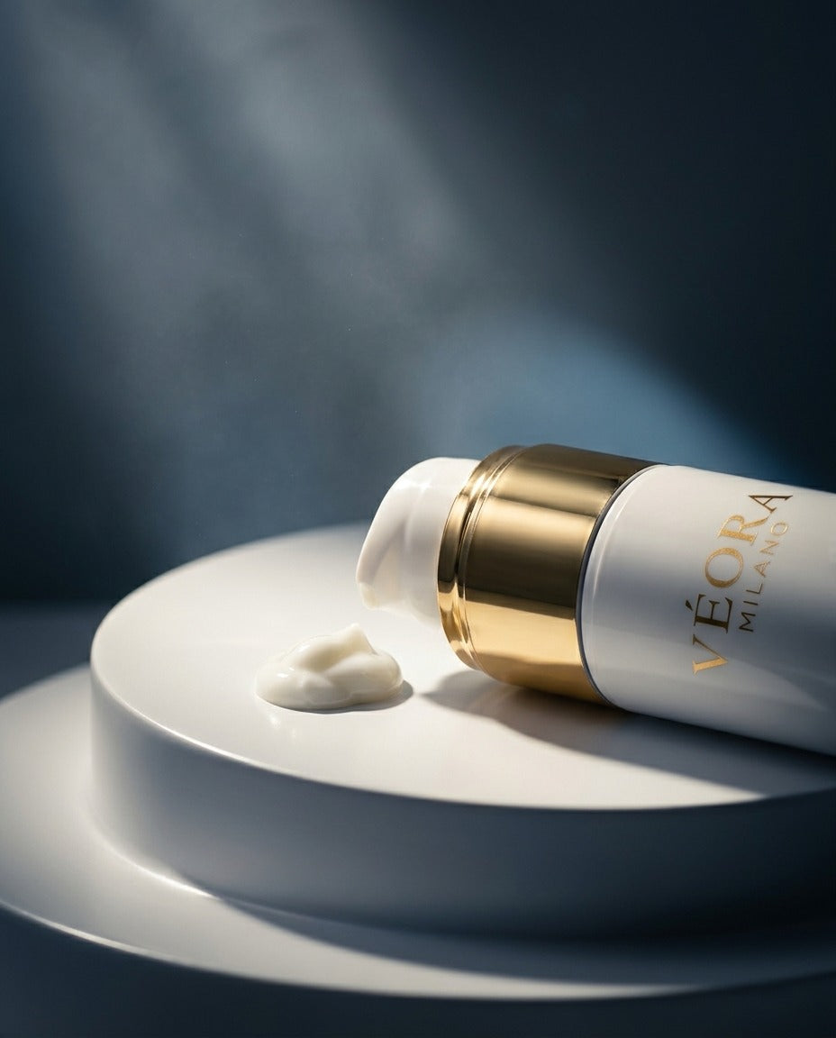 Véora Milano Lumina Defence SPF 50 su una piastra bianca con sfondo scuro