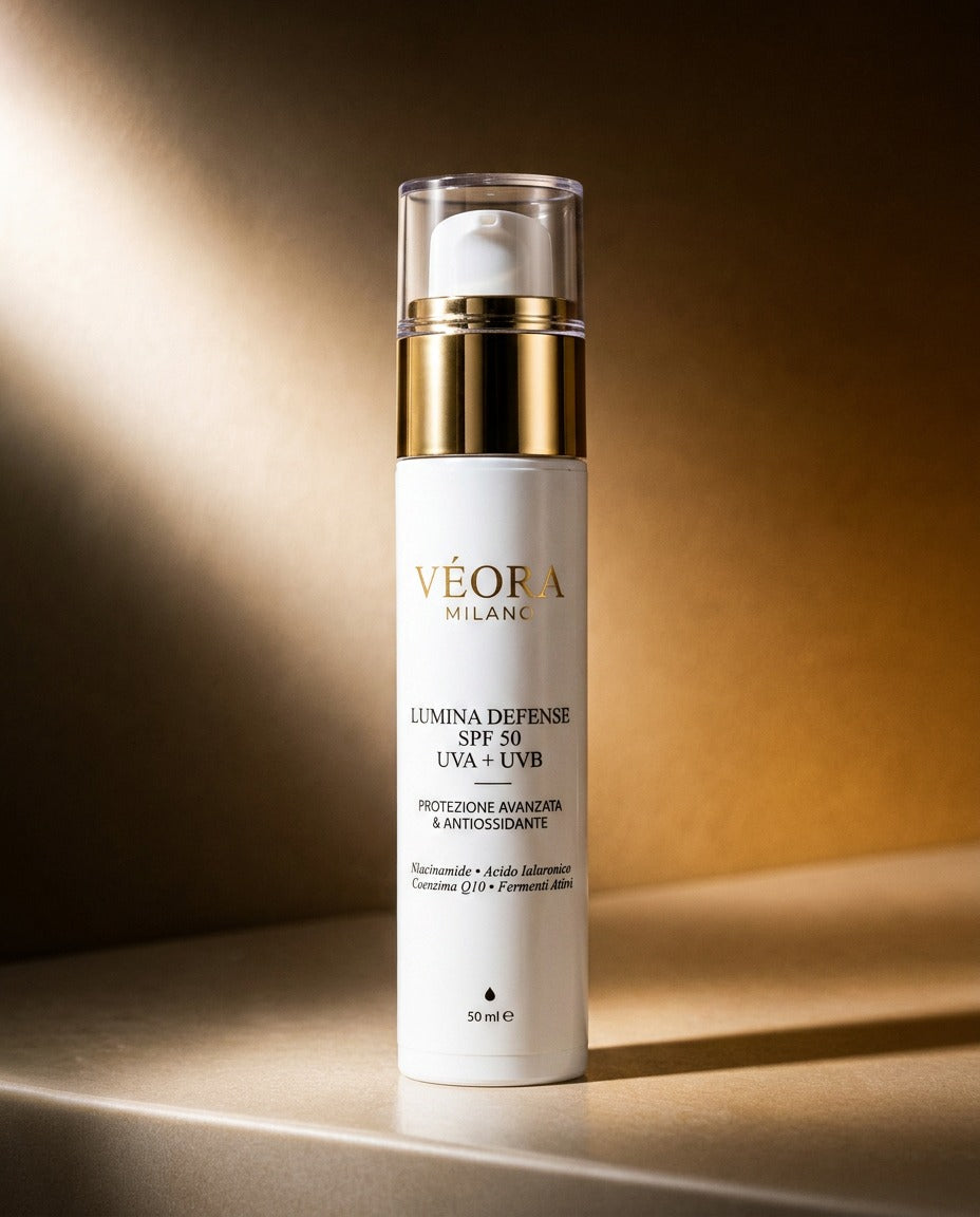 Véora Milano Lumina Defence SPF 50 su uno sfondo dai toni caldi