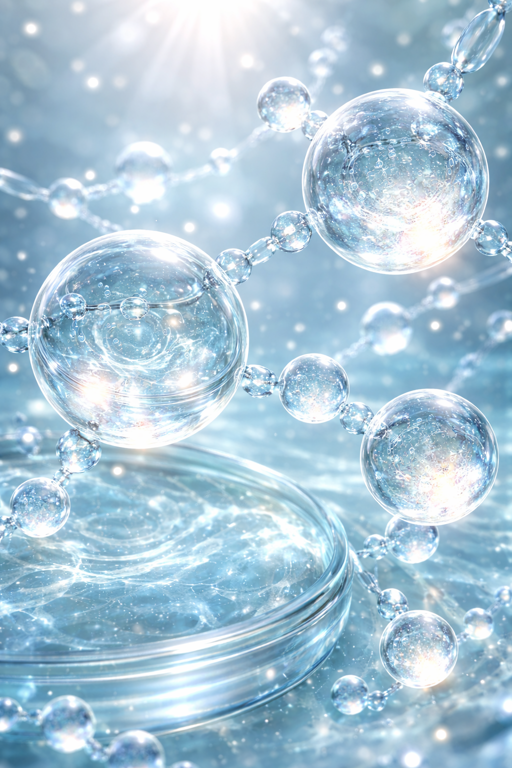 Clear bubbles floating in a liquid on a reflective surface with a light blue gradient background.