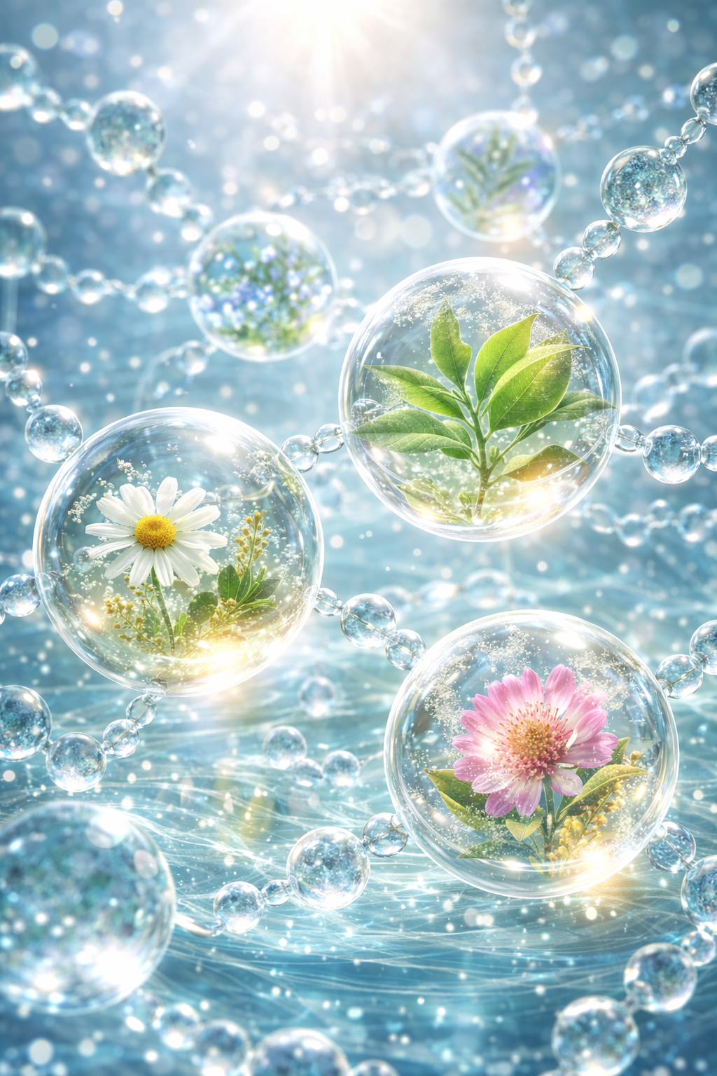 Bubbles with flowers inside on a blue background