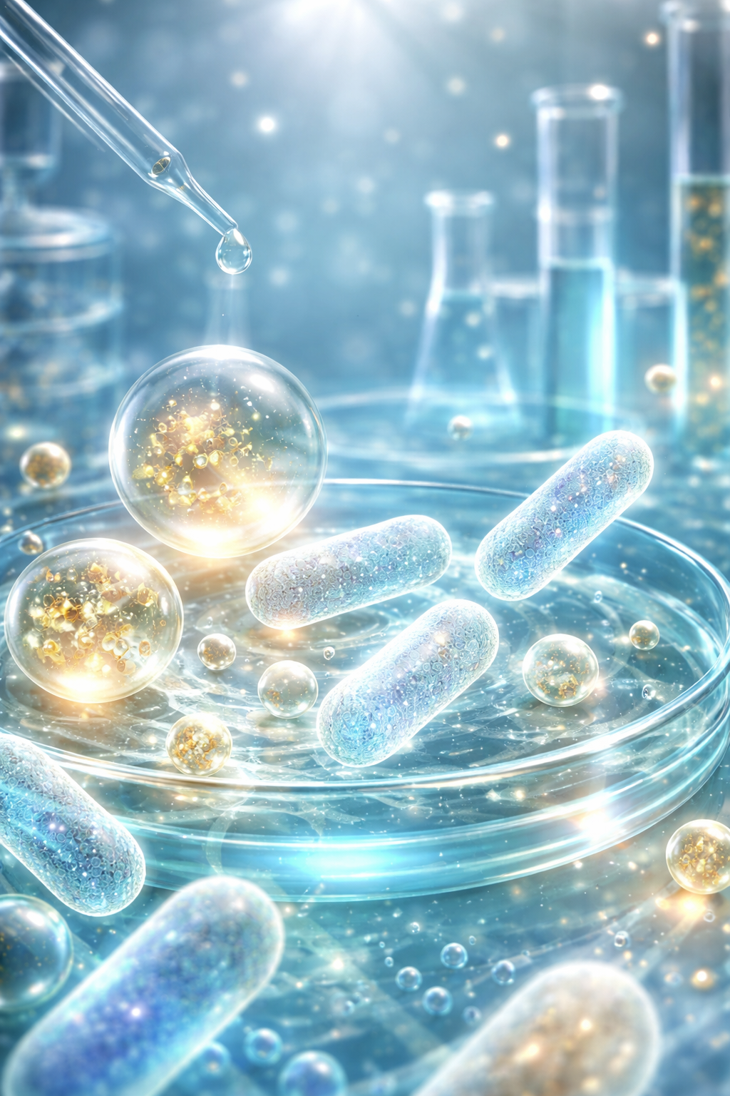 Science-themed image with dropper, test tubes, and glowing elements on a blue background
