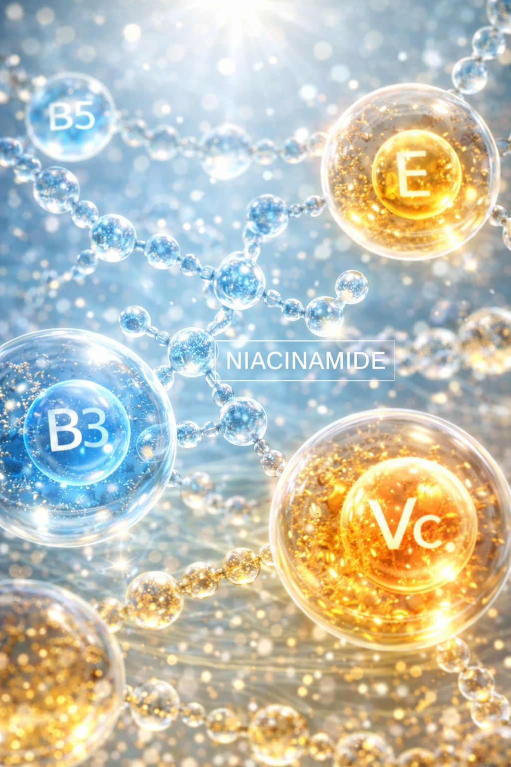 Illustration of vitamins B3, B5, Niacinamide, E, and C in bubbles with a molecular structure background.