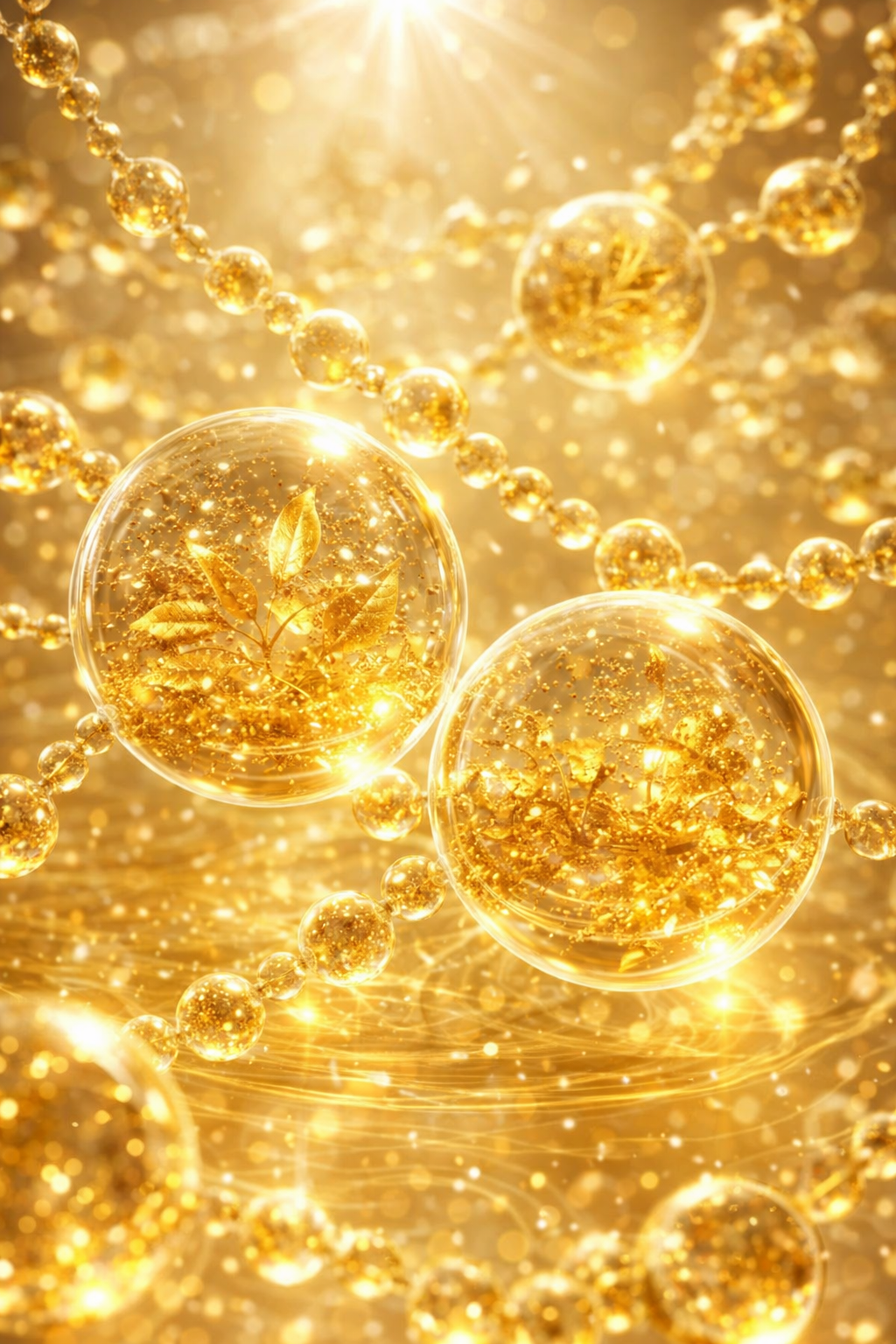 Gold bubbles and particles on a gold background