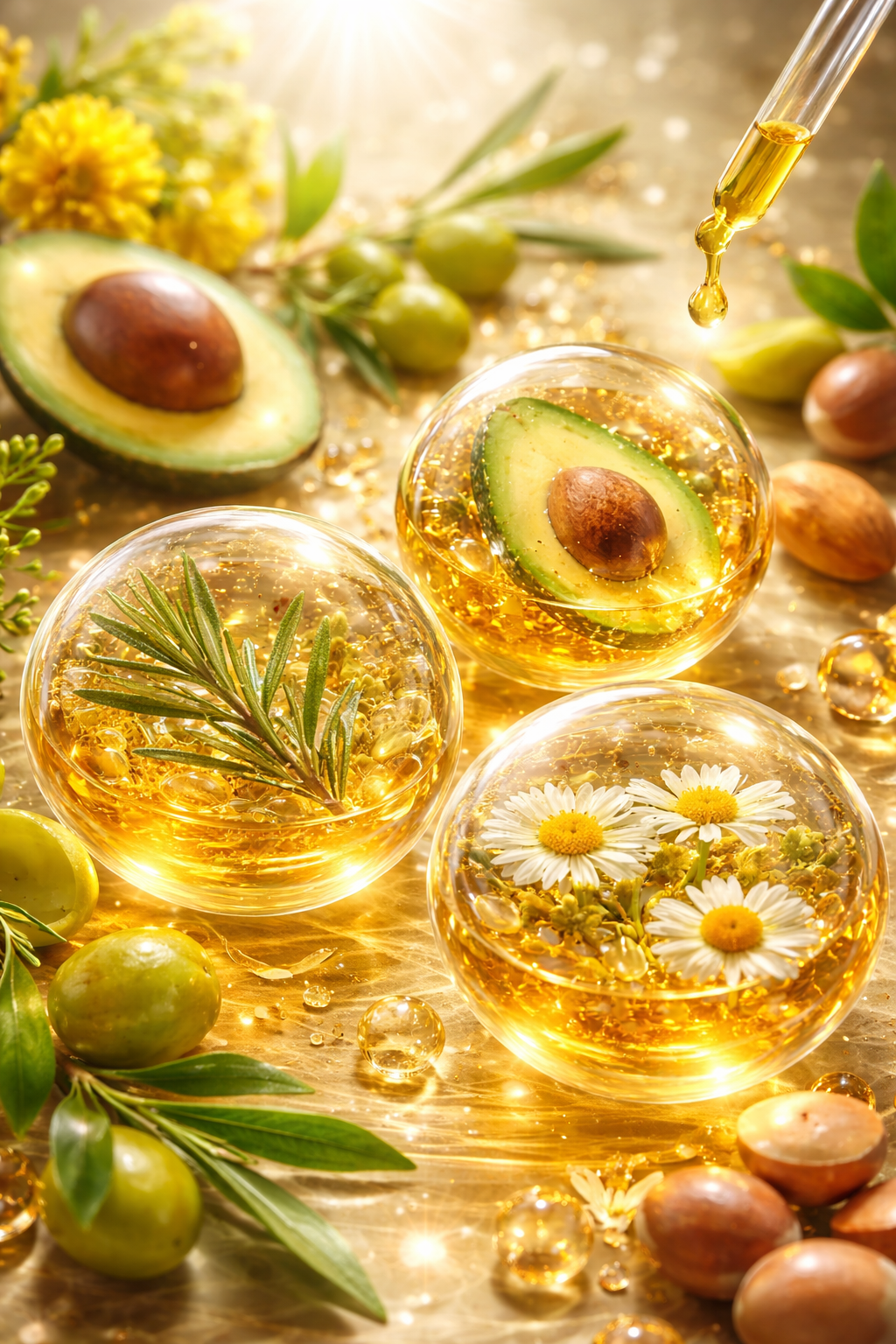 Avocado oil droplets with avocado slices, flowers, and herbs on a wooden surface.