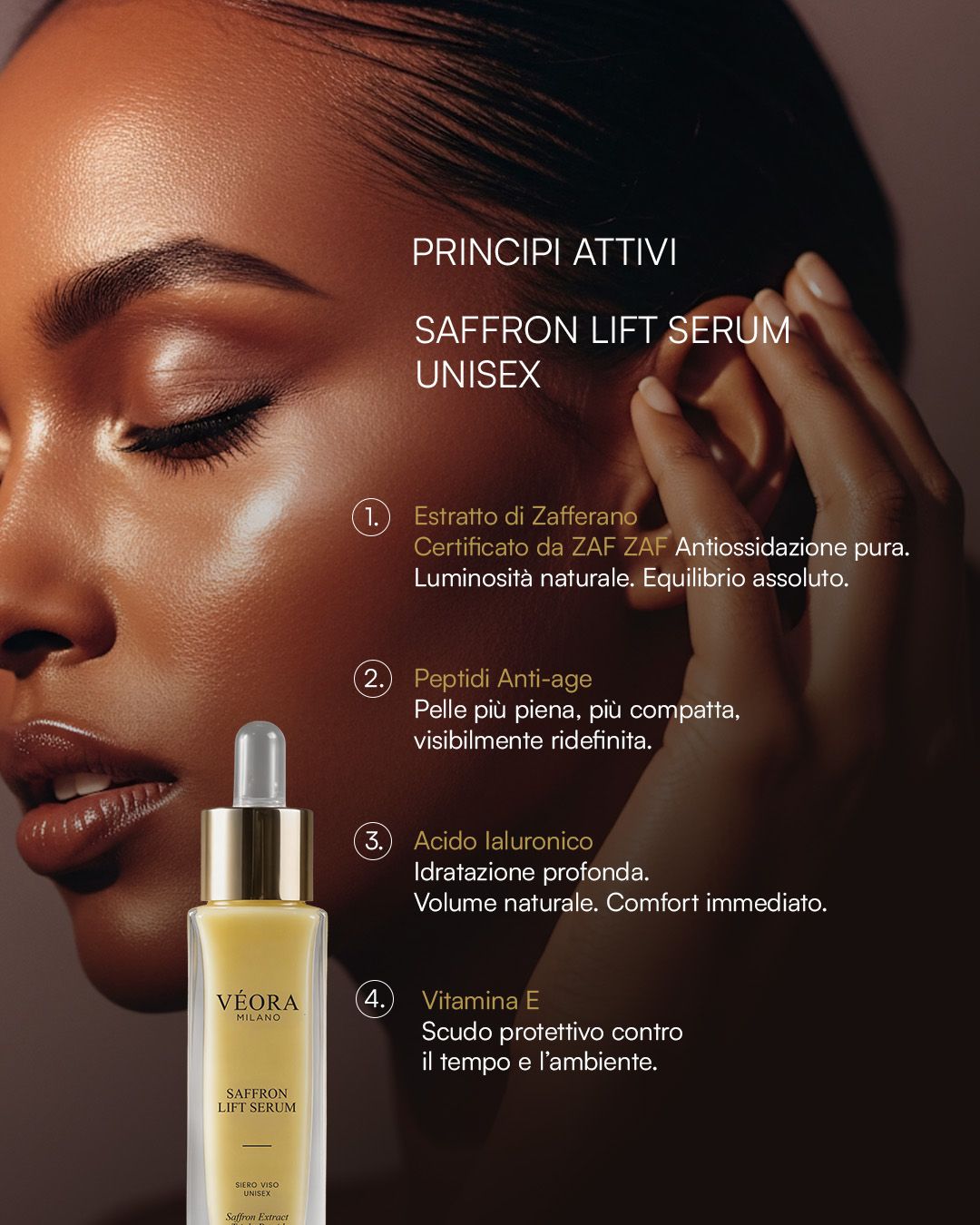 Veora Saffron Lift Serum Unisex con modella e dettagli del prodotto su sfondo marrone