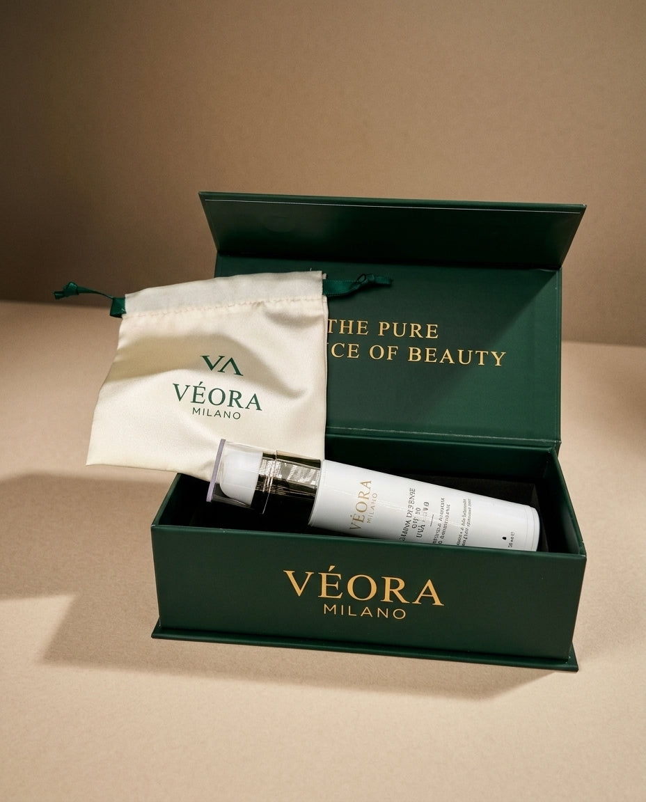 Véora Milano SPF Lumina Defense con riquadro verde su sfondo beige