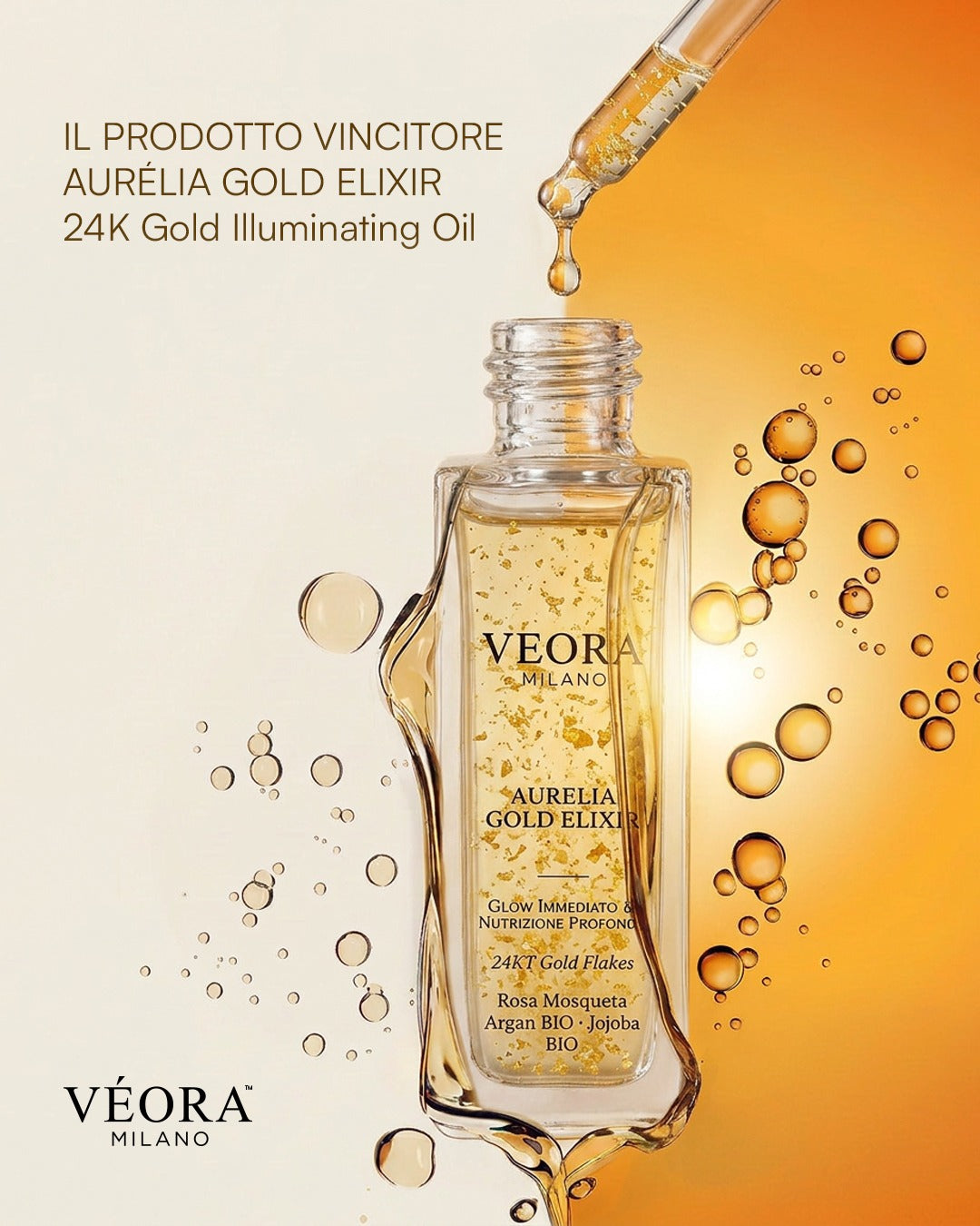 Flacone di Veora Aurelia Gold Elixir con contagocce su sfondo arancione.