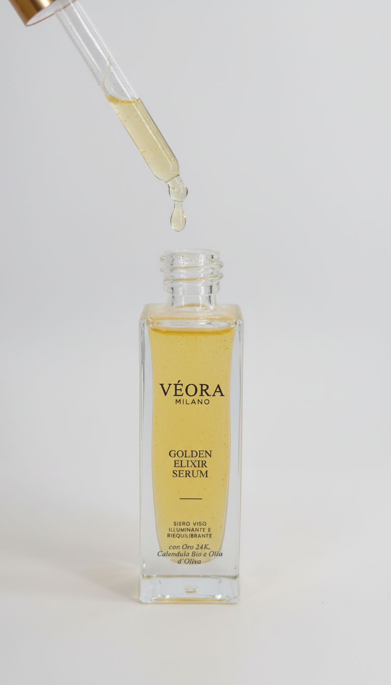 Flacone di siero Golden Elixir di Véora Milano con contagocce su sfondo grigio chiaro.