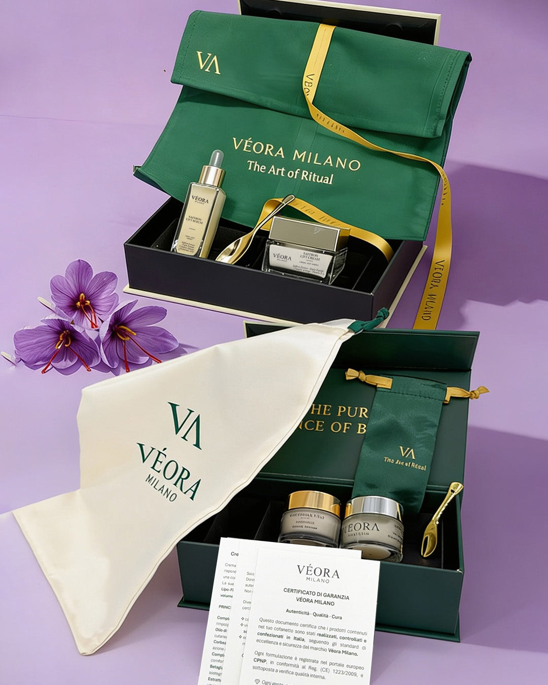 Prodotti per la cura della pelle allo zafferano Véora Milano in una confezione su sfondo viola.